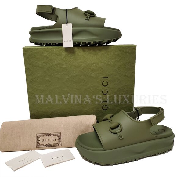 GUCCI SHOES MEN GREEN RUBBER HORSEBIT FLATFORM SANDALS sz 11 / 11.5 - Picture 2 of 16